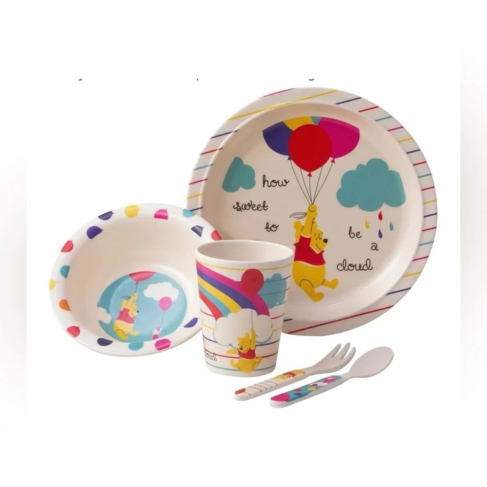 New Zrike Brands Disney Pooh Rainbow 5pc Bamboo Dining Set Standard Kids Dishes